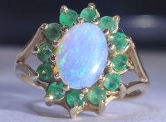 9ct Solid Gold Australian Crystal Opal and Emerald Ring. Excellent Condition.