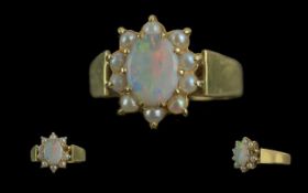 A Stunning 18ct Gold Australian Opal and Natural Pearl Ring - Size R.5 - 6.03g