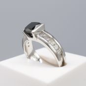 Stylish, Custom-Made Black and White Diamond Platinum Ring With Branded Box and Sleeve