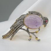 Hand Made Large Amethyst, Diamond and Ruby Bird Brooch