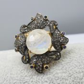Large and Exciting Rainbow Moonstone, Diamond and Sapphire Foliate Ring