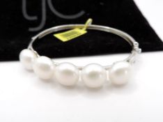 Sterling Silver Cultured Pearl Hinged Bangle New With Gift Pouch