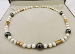 Gold On Silver Cultured Pearl & Bead Necklace With Gift Box