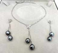 Sterling Silver Cultured Peal Necklace and Earring Set New With Gift Box