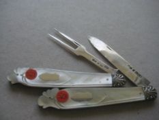 Rare Victorian Matching Mother of Pearl Hafted Silver Folding Fruit Knife and Fork