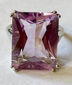 A Large Emerald Cut Amethyst Silver Ring