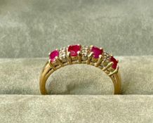 9ct Yellow Gold 5 Stone Ruby & Diamond Half Hoop Ring With Valuation