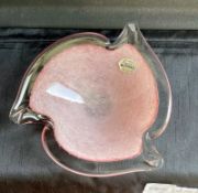 Vintage Italian Handcrafted Murano Pink Flower Glass Dish/Ashtray, Made In Italy