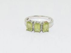 9ct White Gold Three Stone Peridot & Diamond Ring With Valuation
