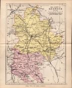 County of Bedfordshire 1895 Antique Victorian Detailed Coloured Map.