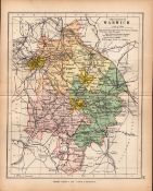 County Warwickshire 1895 Antique Victorian Detailed Coloured Map.