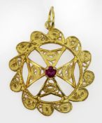 Maltese Filigree Silver Gilt Pendant with Pink Gemstone
