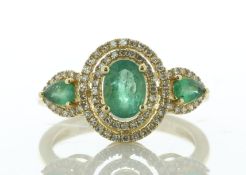 14ct Yellow Gold Oval Emerald Halo and Shoulders Diamond Ring (E1.10) 0.35 Carats