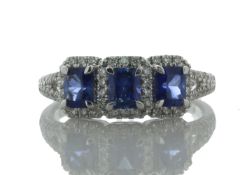 18ct White Gold Three Stone Emerald Cut Sapphire and Diamond Ring (S 1.20) 0.29 Carats