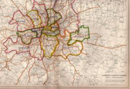 Bacons Vintage 98 Years-Old London County Courts Bus & Tram Routes Coloured Map.