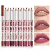 12-Piece True Lips Lip Liner Pencil Set, Long-Lasting Waterproof Matte Lipstick