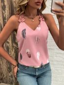 Brand New Women's Summer Feather Print Lace V-Neck Tank Top - Breezy Sleeveless Design, Casual We...