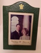 Royalty Signed 1985 Green Leather Framed Photograph of Prince Charles & Princess Diana. Frame