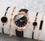 5pcs/Set Women's Starry Rhinestone Quartz Watch Analog PU Leather Wrist Watch & Bracelets,