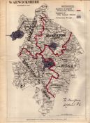 Antique 139 Years-Old Scarce Map of Warwickshire Boundary Changes 1885.