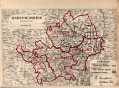 Antique 139 Years-Old Scarce Map of Hertfordshire Boundary Changes 1885.