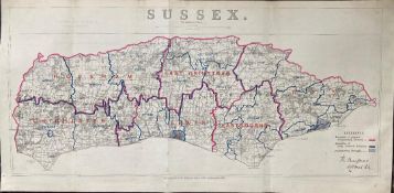 Antique 139 Years-Old Scarce Map County Sussex 1885 Boundary Changes.