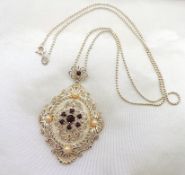 Sterling Silver Filigree Ruby & Pearl Necklace With Gift Box