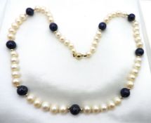 Cultured Pearl Lapis Lazuli Necklace 14K Gold Clasp