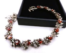 Sterling Silver Red & White Topaz Floral Cluster Bracelet With Gift Box