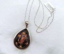 Sterling Silver Chunky Baltic Amber Pendant Necklace New With Gift Pouch