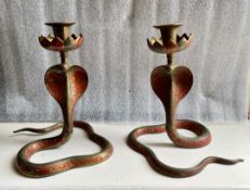 A Pair of Rare Vintage Brass Cobra Candle Holders