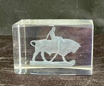 Vintage Laser Cut Riding Bull Farming Glass Paperweight
