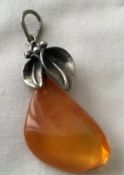 Vintage Silver Cherry Amber Pendant With Chain