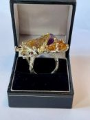 14ct Gold On Silver Citrine, Amethyst & Garnet Leaf Ring
