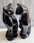 A Pair of Large Vintage MCM Artmark Ceramic Black Siamese Cat Figurines/Green Eye