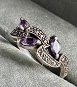 Antique Silver & Marcasite Amethyst Ribbon Design Ring