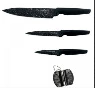 Royalty Line RL-MB3B: 3 Pieces Marble Coated Kitchen Knife Set with Pocket Knife Sharpener