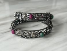 Vintage 1920 Bangles In Silver With Natural Polki Diamonds and Natural Emeralds and Ruby