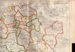 Bacons Vintage London & Suburbs Metropolitan Police Courts Coloured Map.