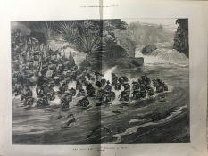 Zulu War Raiding Party Crossing a River Large Antique 1879 Woodgrain Print.