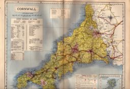 County of Cornwall Large Victorian Letts 1884 Antique Coloured Map.