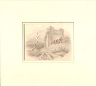 Print Circa 1810 Picnic At A Folly Hand Coloured Pencil Drawing