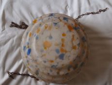 Art Deco Plufonier Hanging Glass Bowl Shade Rarer Blue Yellow And White Marble Design Circa Late...