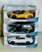 3 x Maisto 1/18 Scale Diecast Colectable Cars New Sealed Ferrari SF90 Spider, Range Rover, Musta...