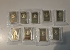 Collection of 9 Queen Elizabeth Gold Plated Bars