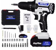 DayPlus 21V Portable Cordless Power Drill Set Impact Screw Driver with 2x Li-Ion Battery accessor...