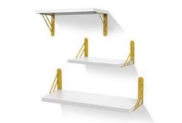 Brand New Sets of 3 White Floating Shelves With Golden Hardware Brackets RRP £60 Each