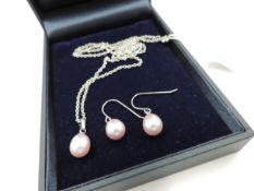 Sterling Silver Pink Cultured Pearl Necklace and Earring Set New With Gift Box