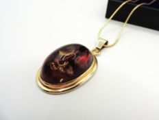Large Artisan 14k Gold Baltic Amber Pendant Necklace Gdansk Poland c.1996