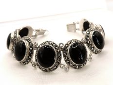 Vintage Sterling Silver Black Jet & Marcasite Bracelet With Gift Box